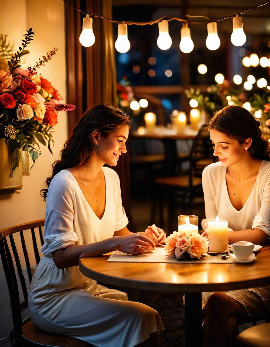 A romantic scene depicting a couple in a cozy café, passionately discussing their relationship over a candle-lit table, surrounded by soft, warm lighting and delicate floral arrangements. Include subtle hints of a joyful engagement, like a ring box peeping out from a handbag. The atmosphere should evoke a sense of intimacy and connection. vibrant colors. soft focus.