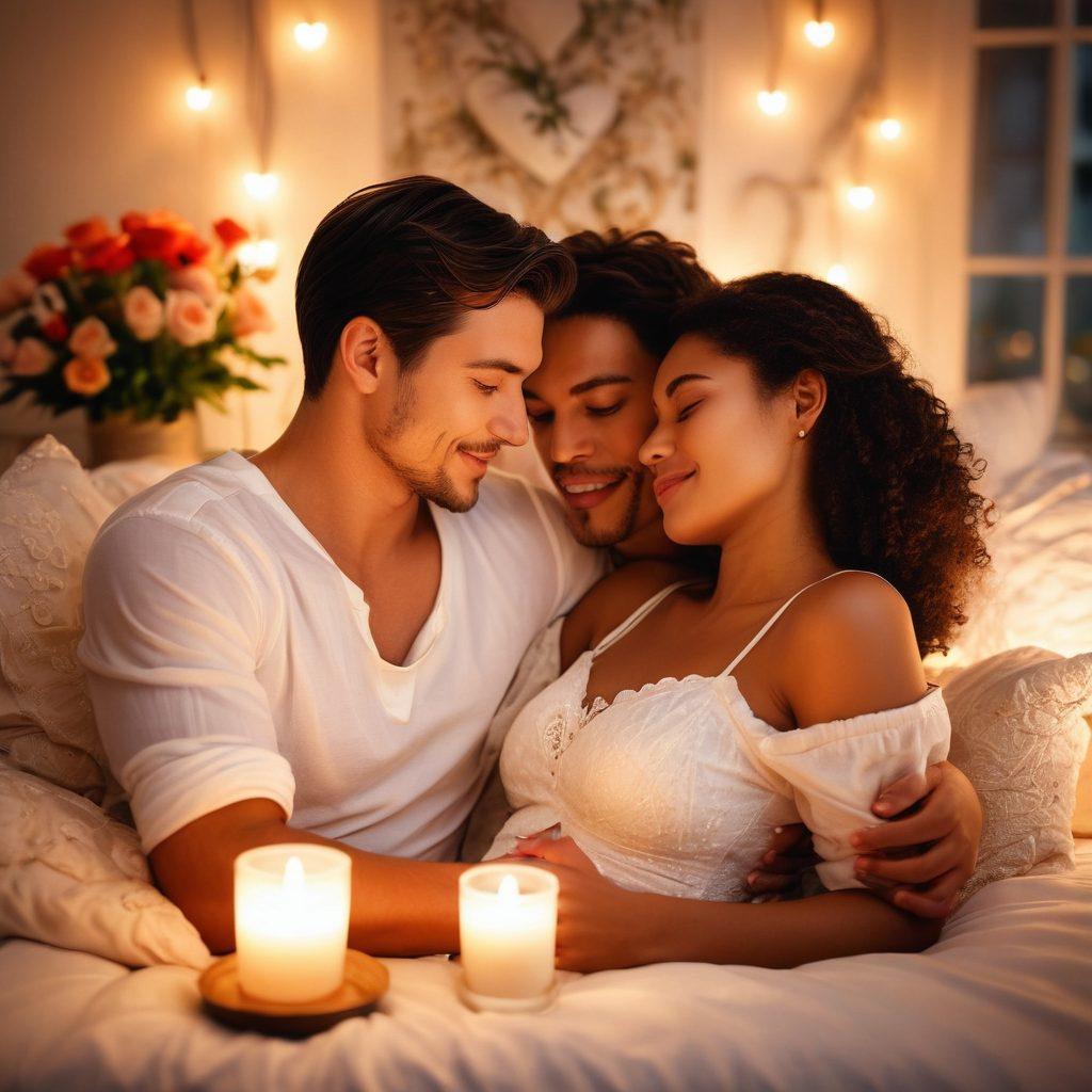A cozy scene of a couple sharing a tender moment by candlelight, surrounded by romantic decorations like flowers and soft pillows. Their faces show love and joy, with warm colors emphasizing the intimacy. A gentle glow illuminates their intertwined hands, symbolizing connection and affection. The background features a heart-shaped motif to enhance the theme of love. soft focus. warm tones. super-realistic.